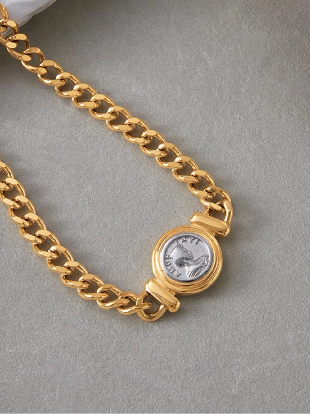 18K Gold Plated Coin Pendant Curb Chain Necklace Cuban Style